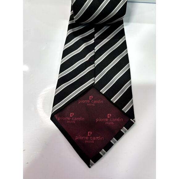 PIERRE CARDIN Paris Men's 100% Silk Silver & Black Stripe Neck Tie - Picture 4 of 6